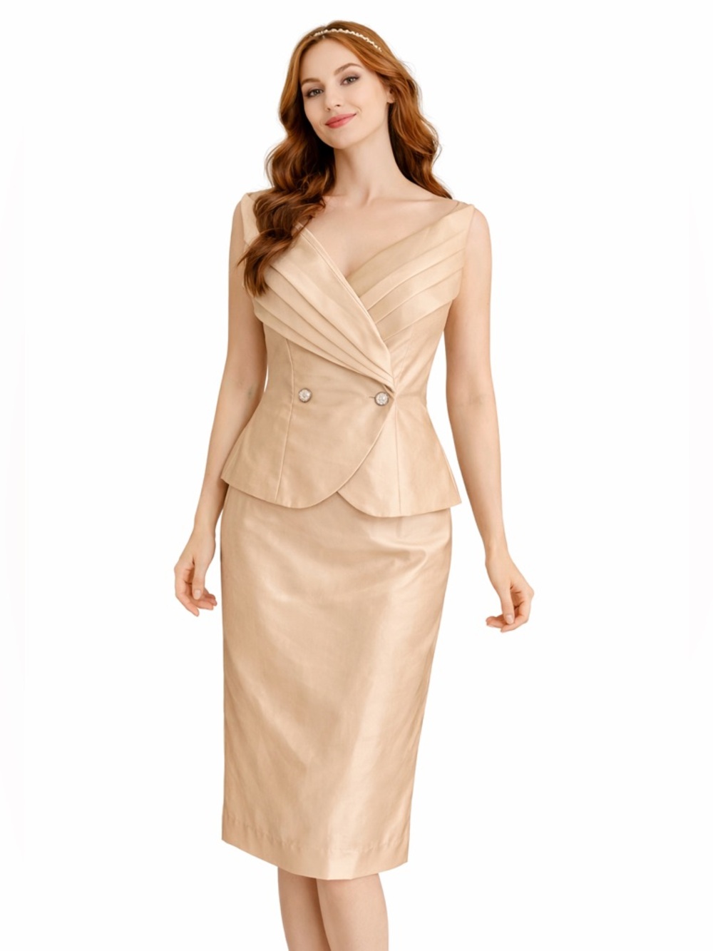 Vintage chic gold two piece Watters & Watters formal peplum top skirt set XS